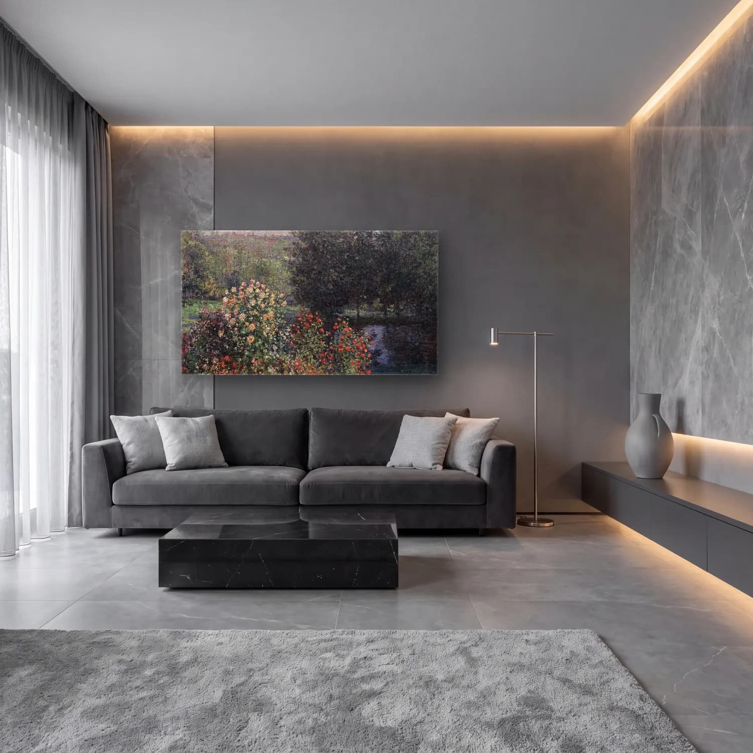 Empresyonist Çiçek Bahçesi No. 62 cam tablo — lüks salon duvarında
