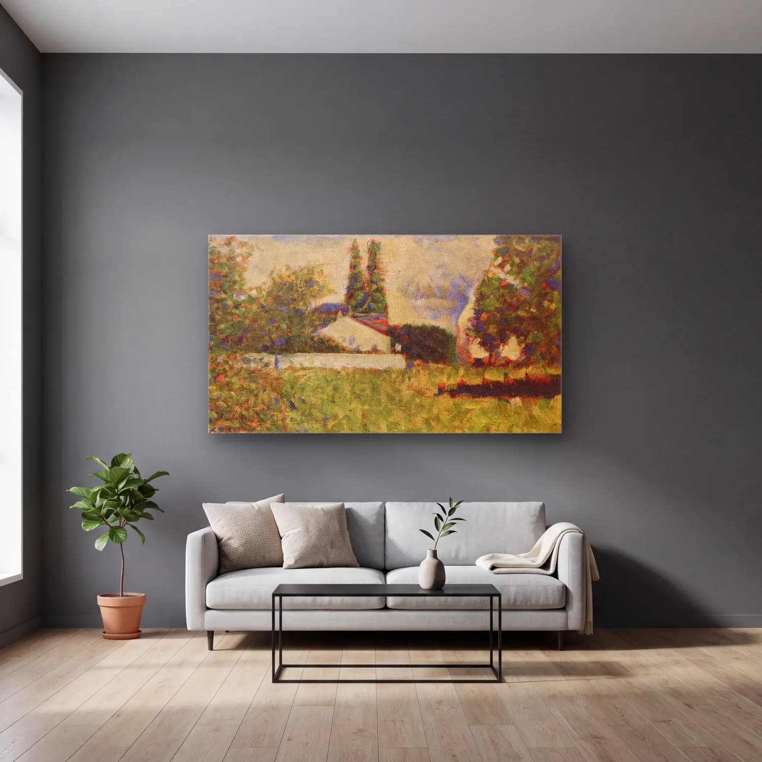 George Seurat – A House Between Trees cam tablo — gri duvarlı salonda
