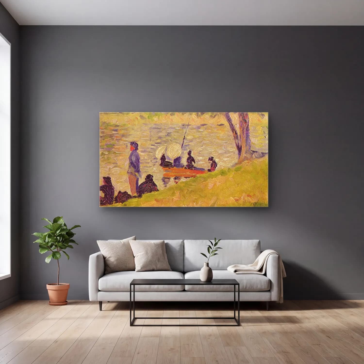 George Seurat – Afternoon on the Island of La Grande cam tablo — gri duvarlı salonda