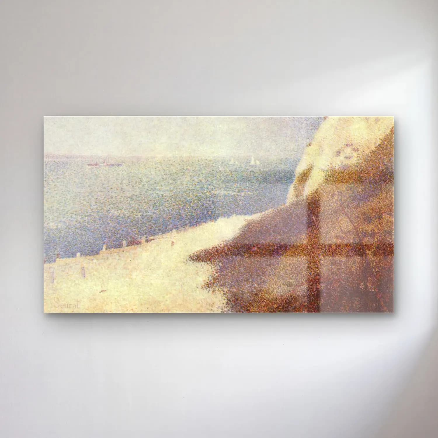 George Seurat – Beach at Bas Butin, Honfleur cam tablo — George Seurat – Beach at Bas Butin, Honfleur — empresyonist dalgalı sahil