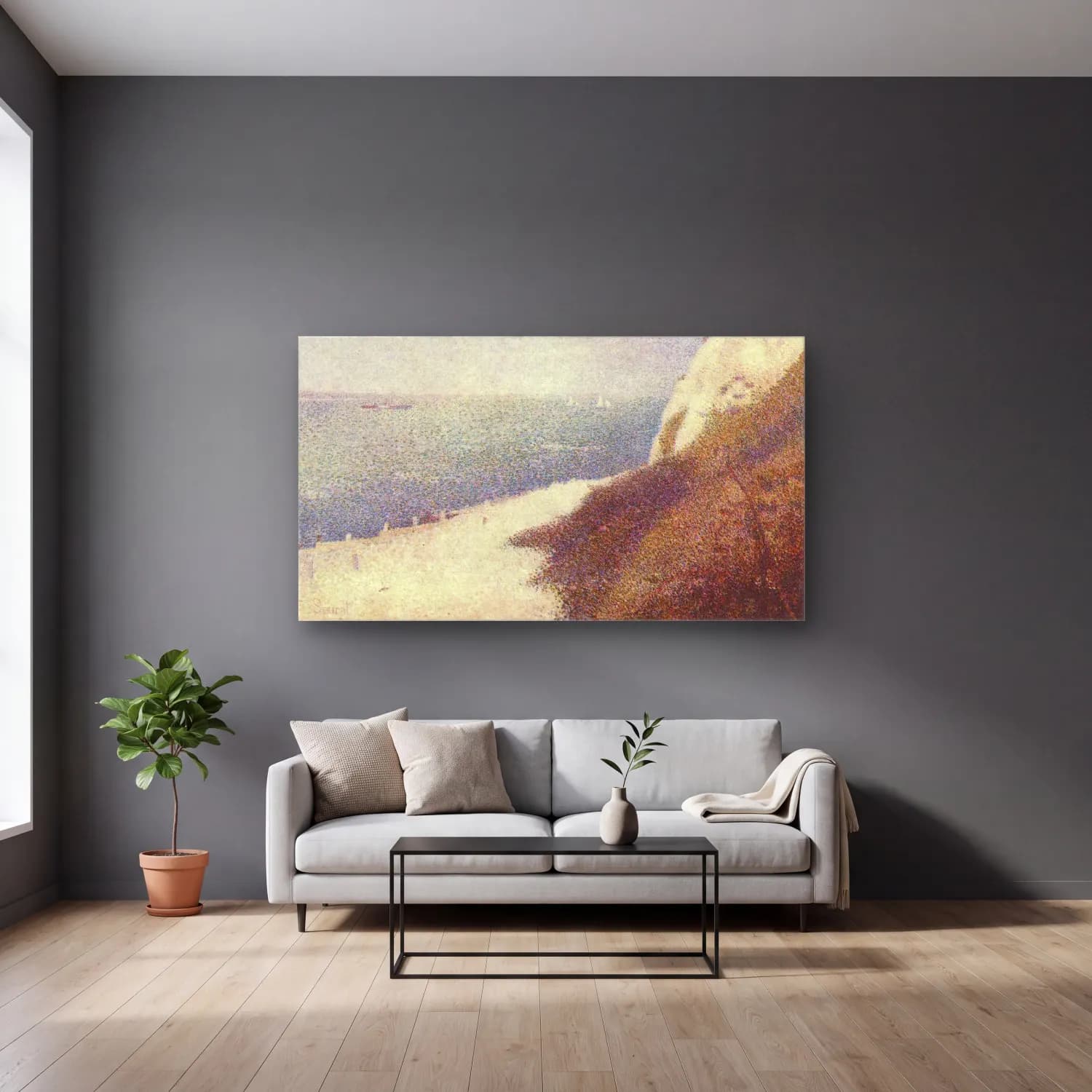 George Seurat – Beach at Bas Butin, Honfleur cam tablo — gri duvarlı salonda