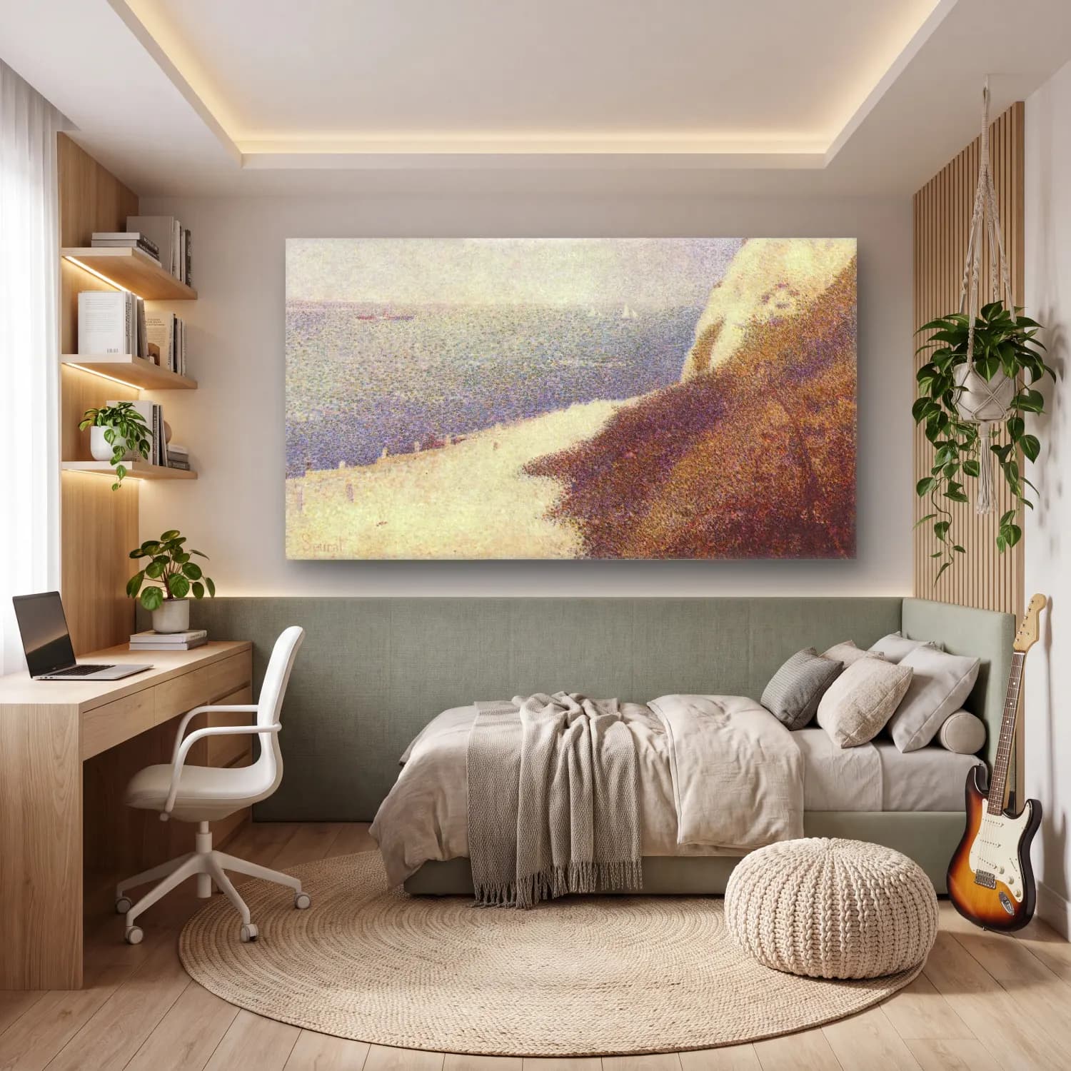 George Seurat – Beach at Bas Butin, Honfleur cam tablo — genç odasında