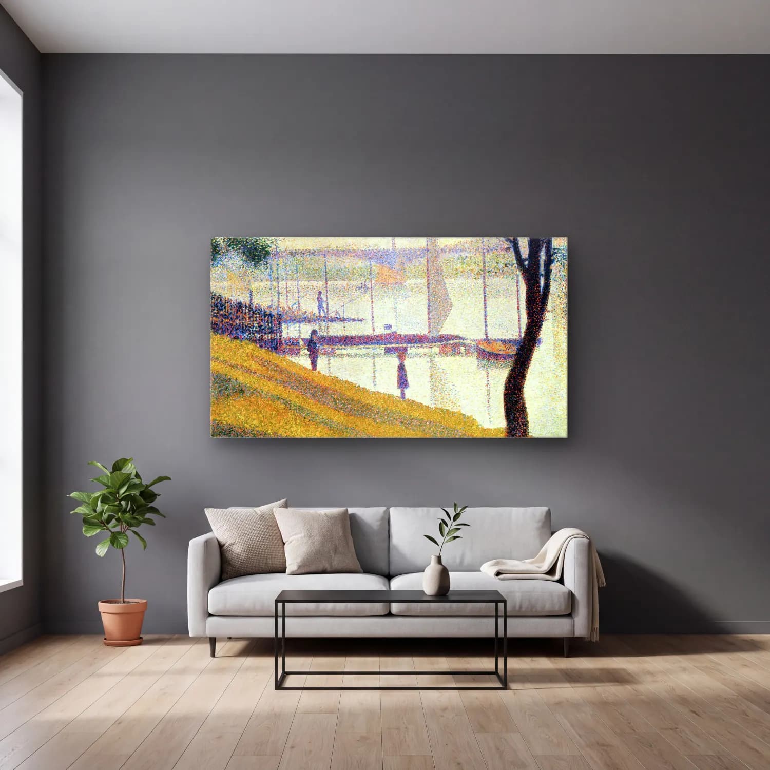 George Seurat – Bridge at Courbevoie cam tablo — gri duvarlı salonda