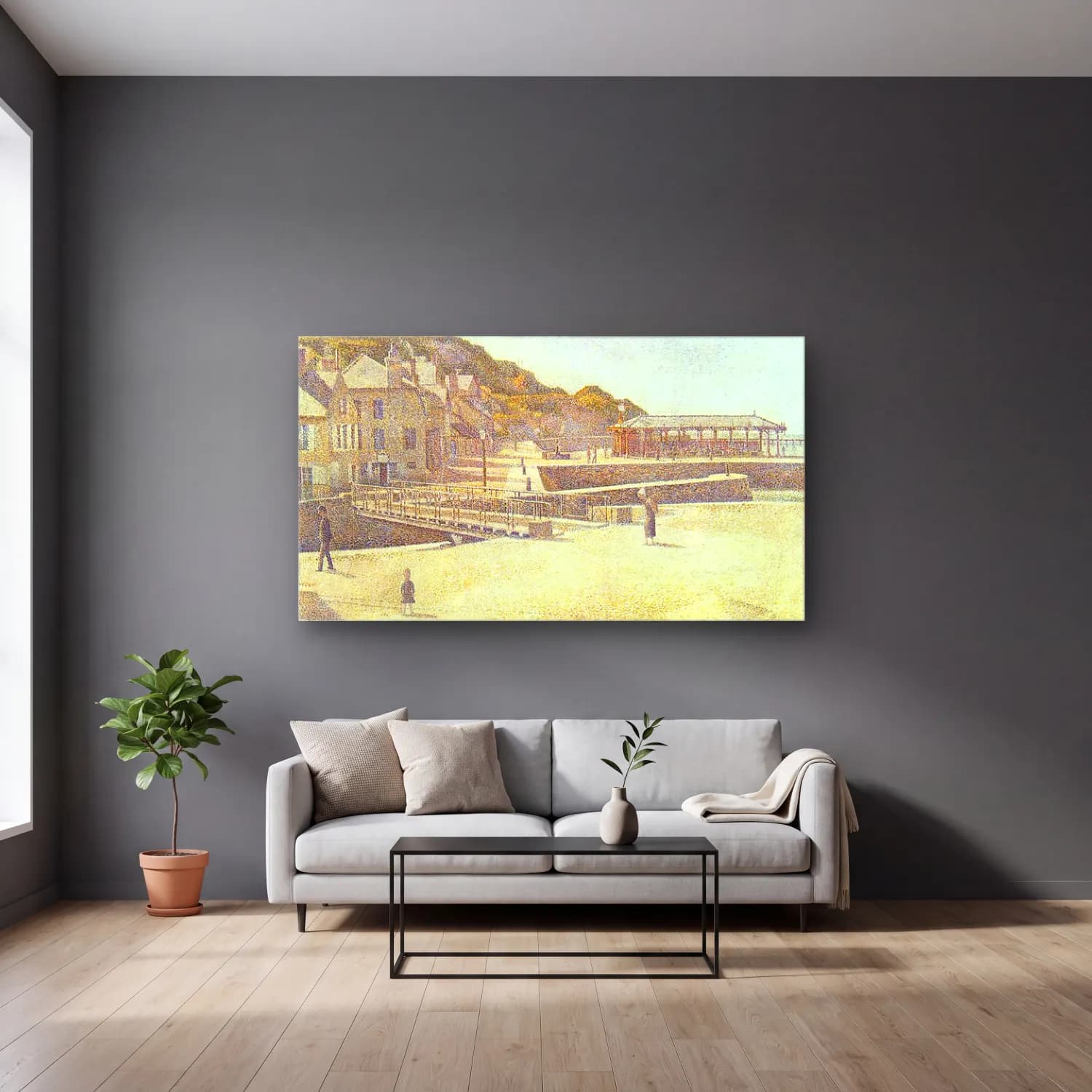 George Seurat – Buyenlarge The Port and The Quay at Bessin cam tablo — gri duvarlı salonda