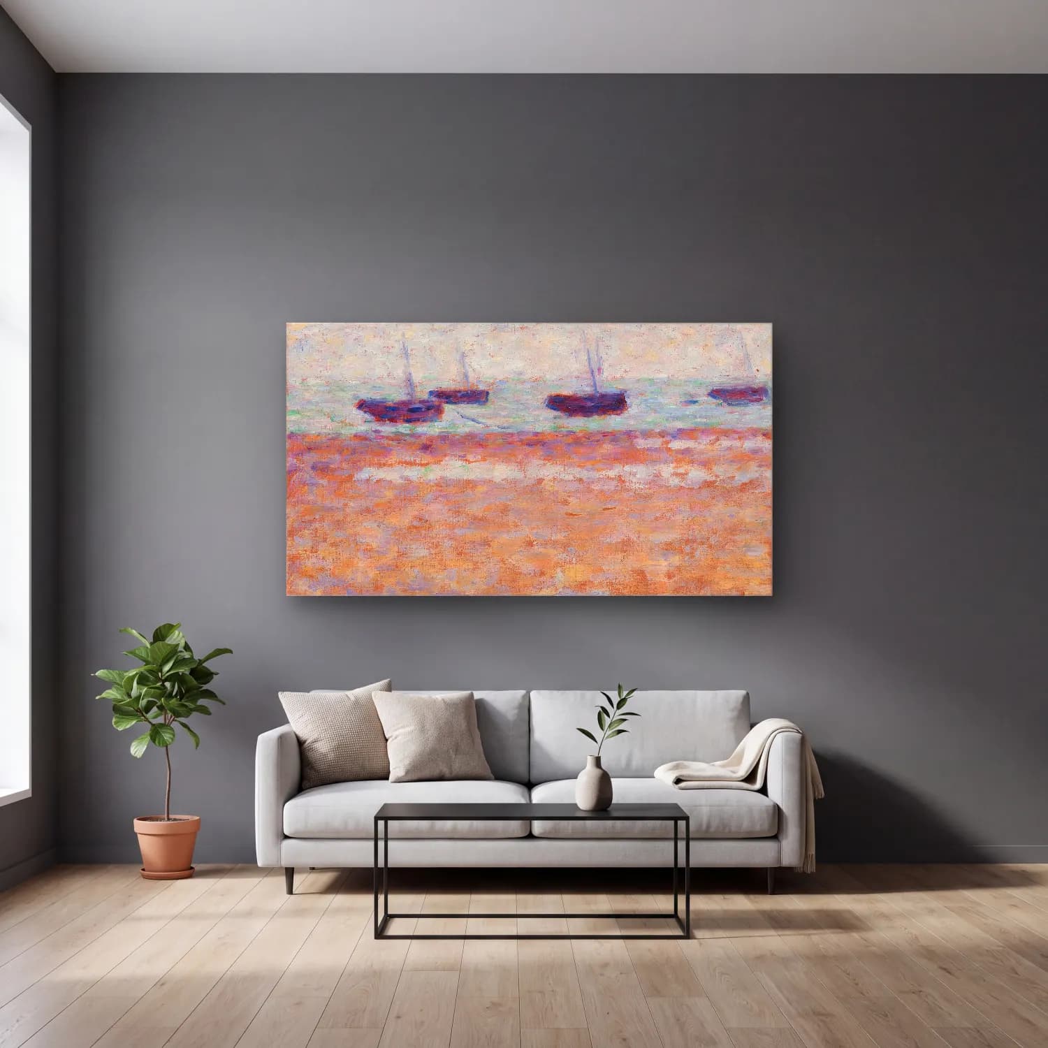 George Seurat – Four Boats at Grandcamp cam tablo — gri duvarlı salonda