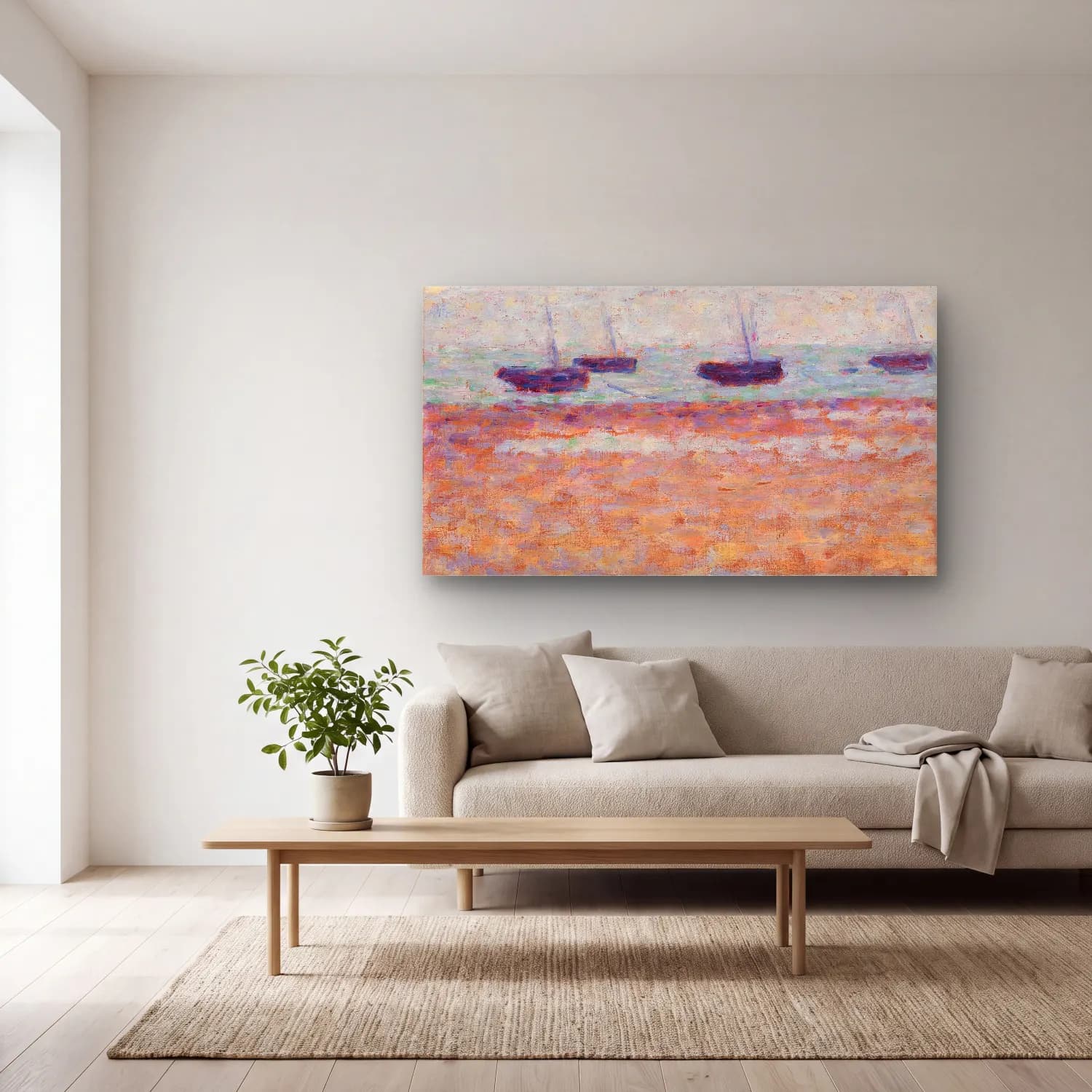 George Seurat – Four Boats at Grandcamp cam tablo — açık renk salonda