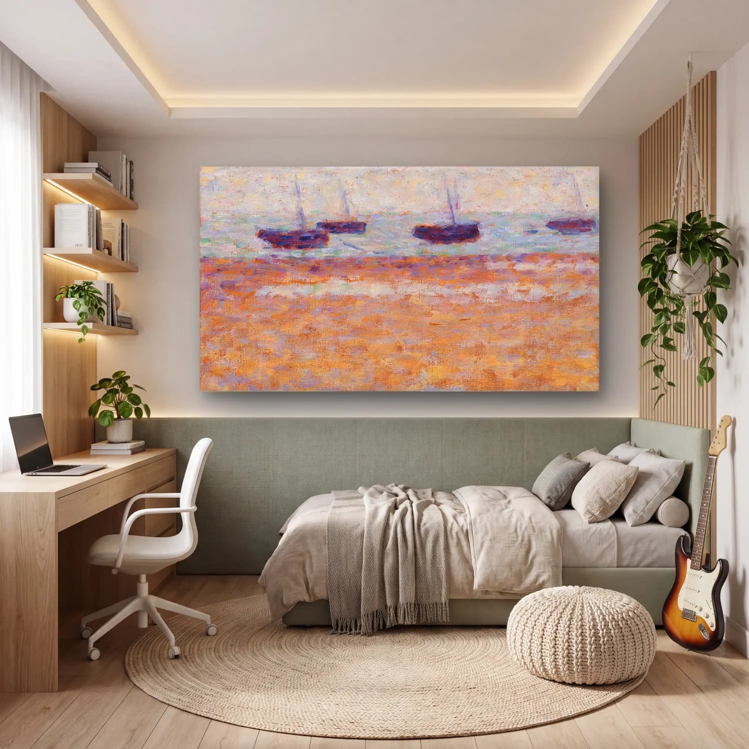 George Seurat – Four Boats at Grandcamp cam tablo — genç odasında