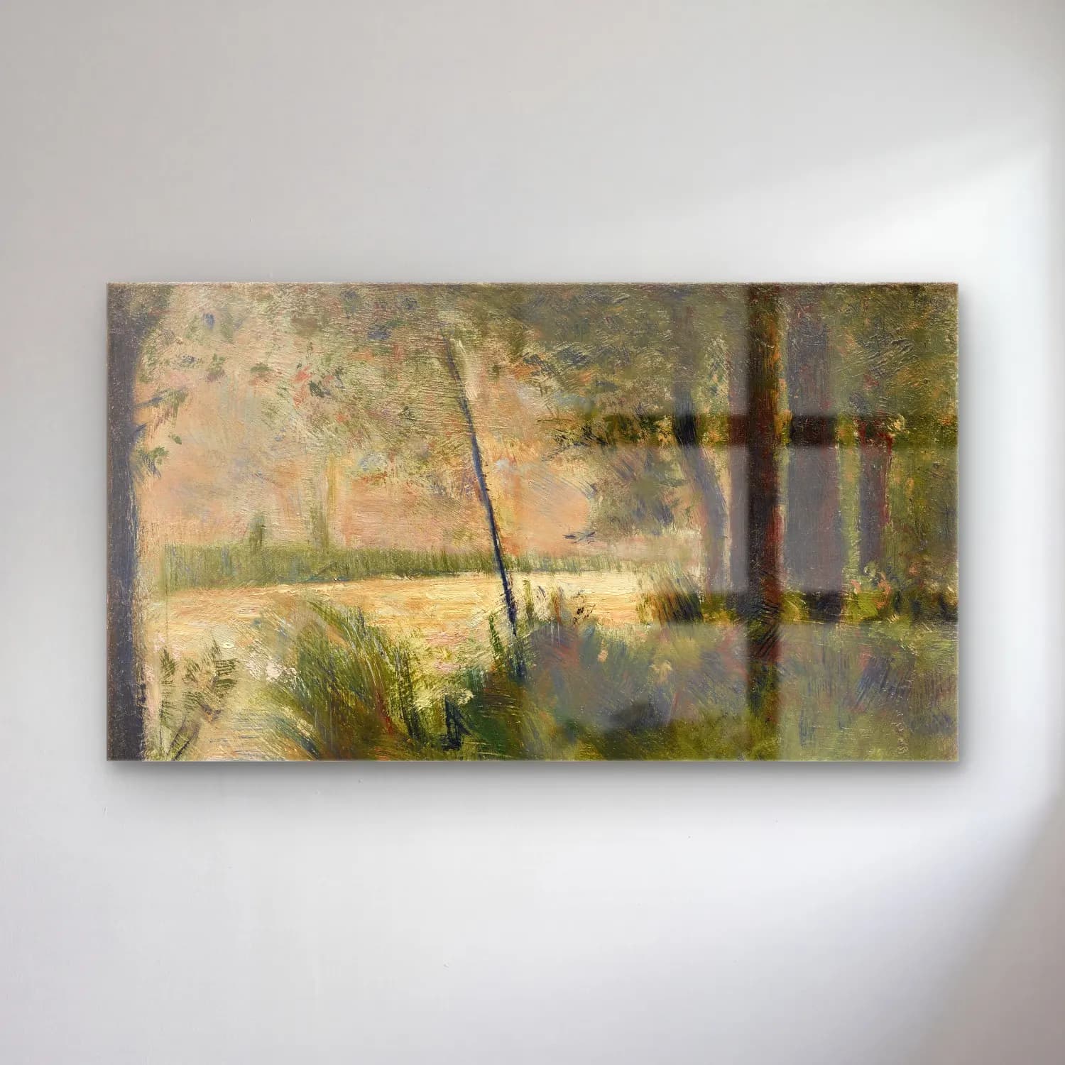 George Seurat – Grassy Riverbank cam tablo — George Seurat – Grassy Riverbank — empresyonist kırda nehir