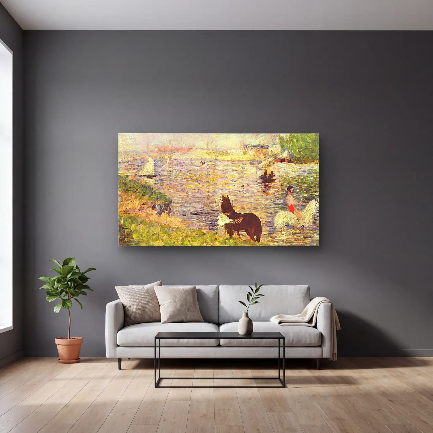 George Seurat – Horses in the Water cam tablo — gri duvarlı salonda
