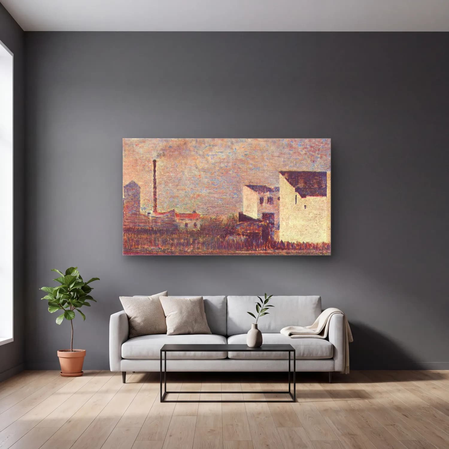 George Seurat – Industrial Suburb cam tablo — gri duvarlı salonda
