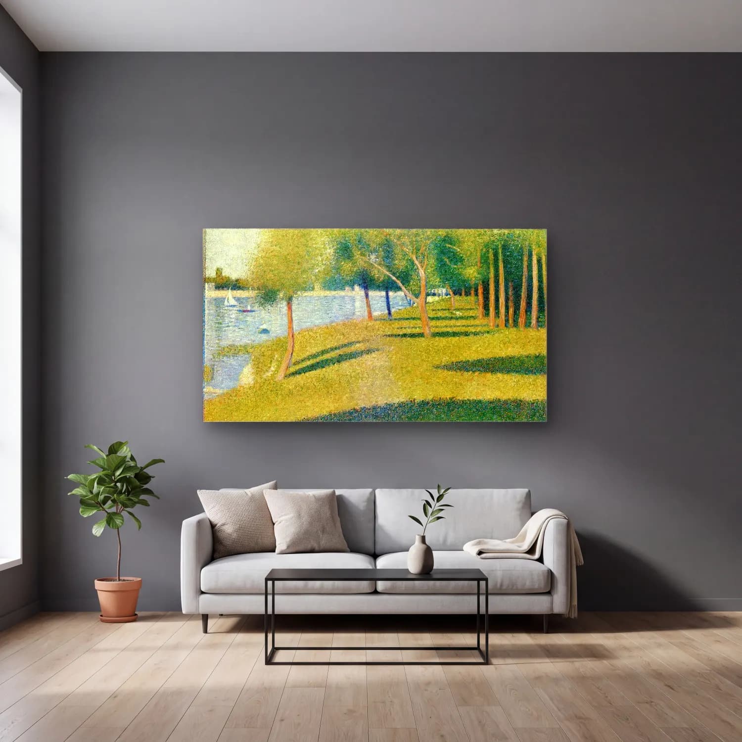 George Seurat – Island of La Grande Jatte cam tablo — gri duvarlı salonda