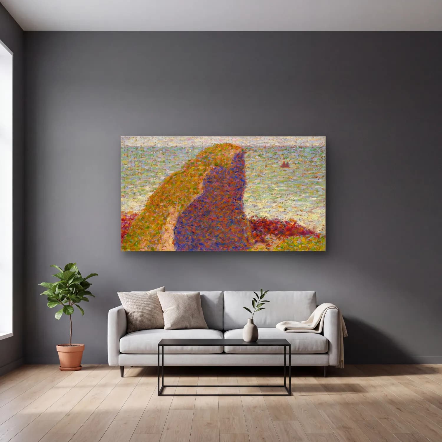 George Seurat – Le Bec du Hoc, Grandcamp cam tablo — gri duvarlı salonda