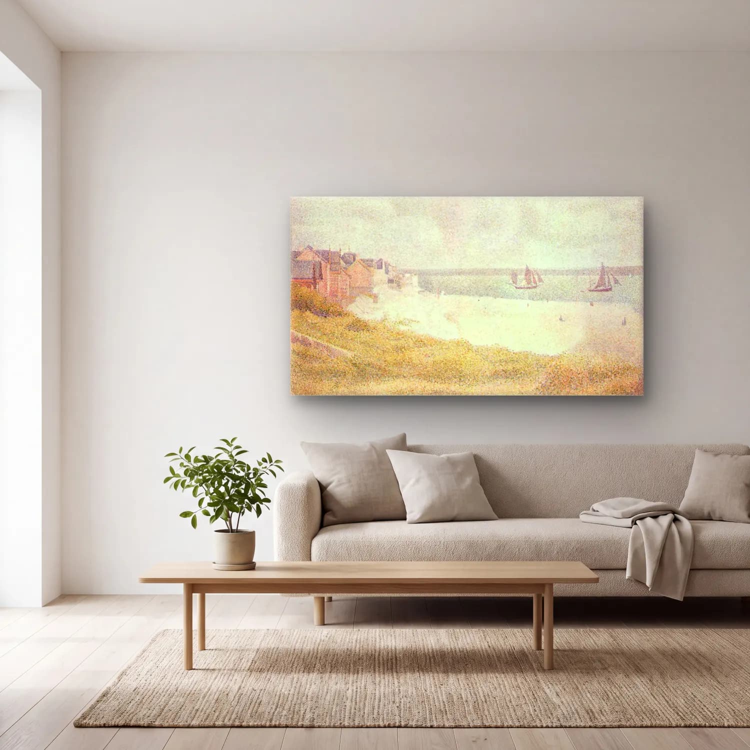 George Seurat – Le Croty Looking Upstream cam tablo — açık renk salonda