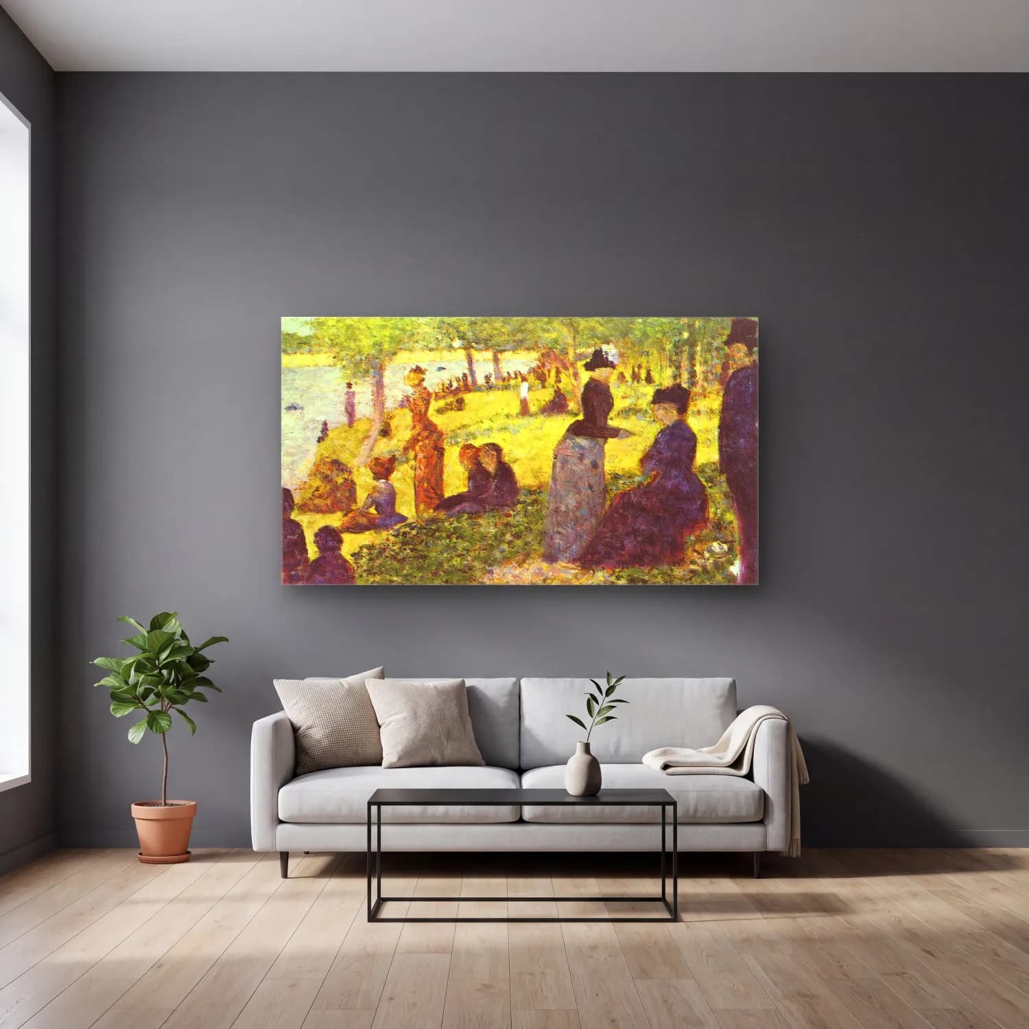 George Seurat – Oil sketch for La Grande Jatte cam tablo — gri duvarlı salonda