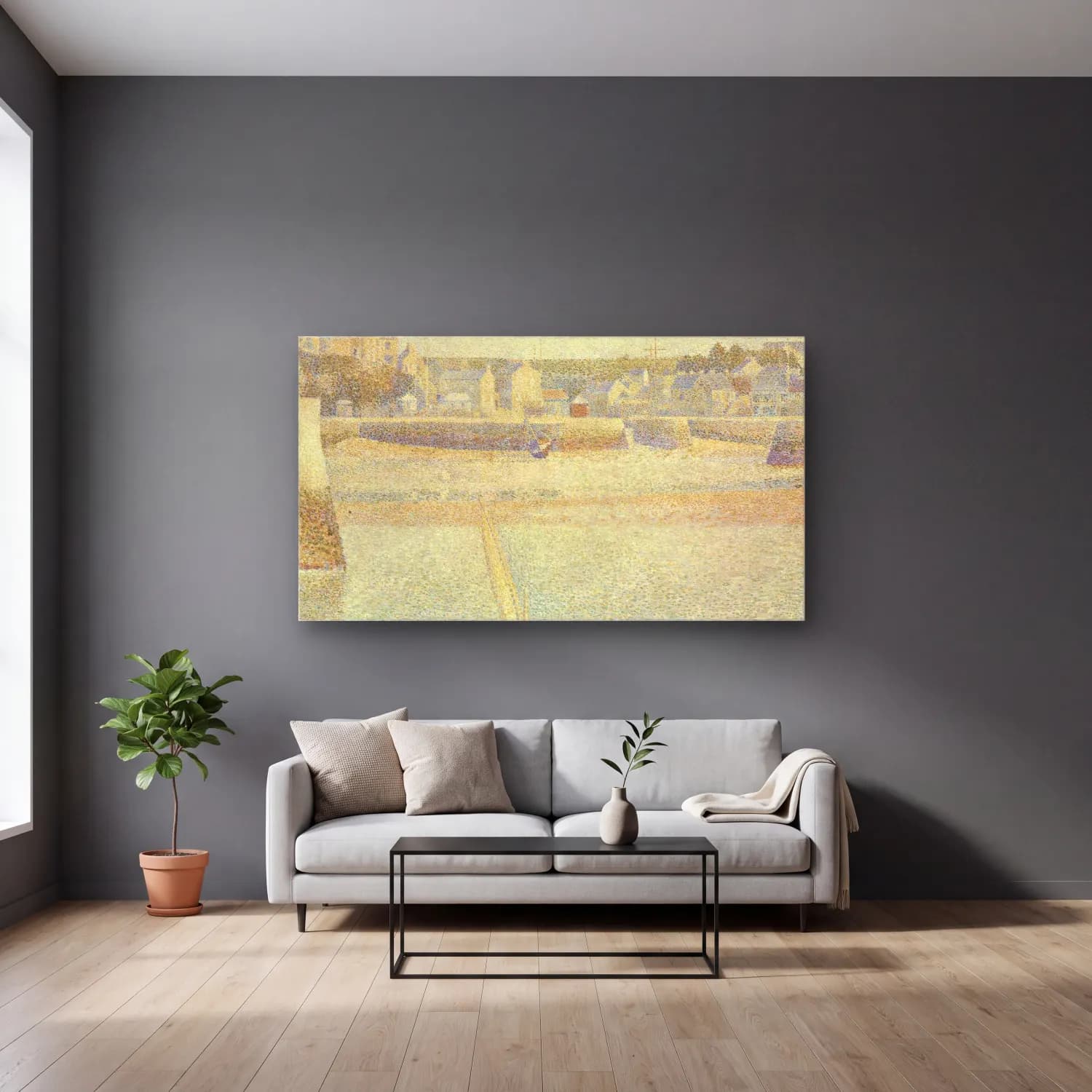 George Seurat – Port-en-Bessin, The Outer Harbor, Low Tide cam tablo — gri duvarlı salonda