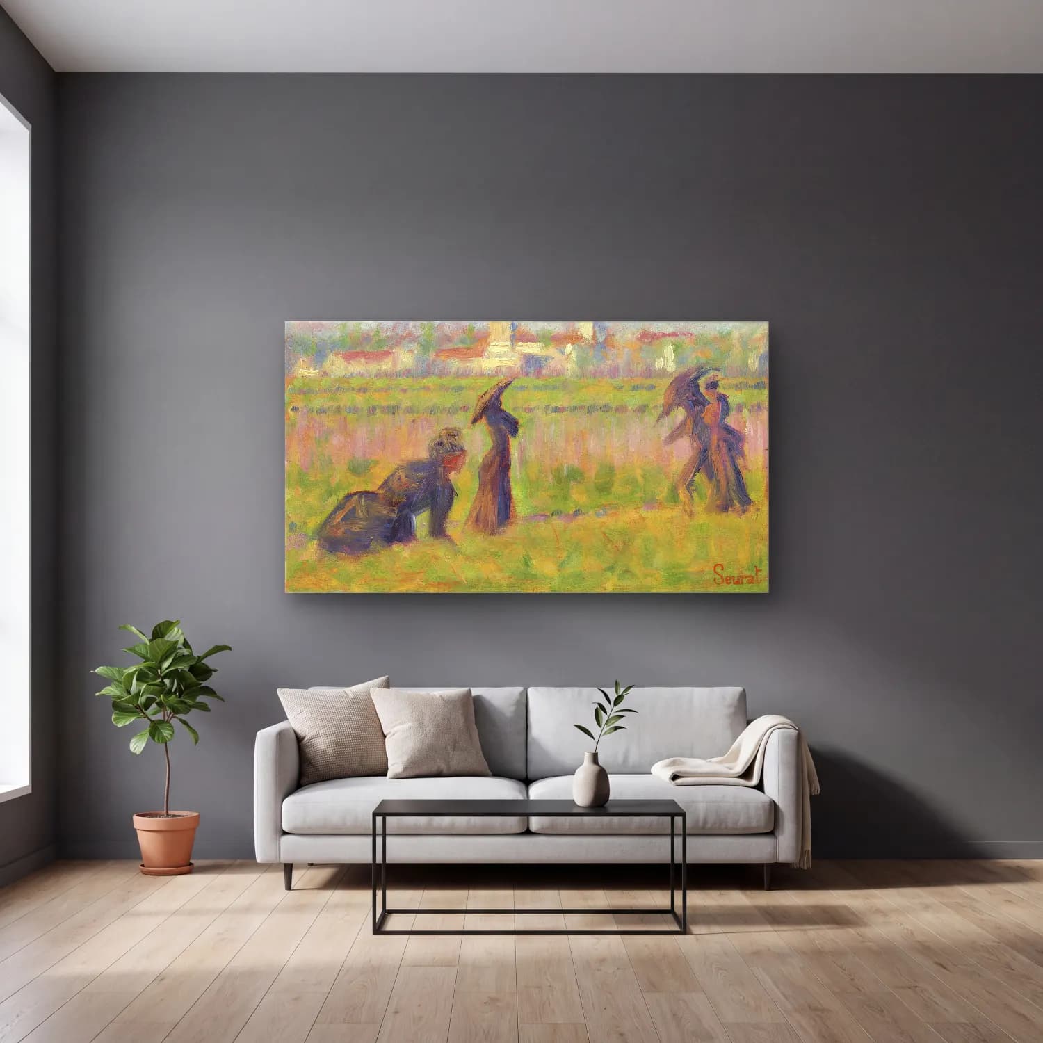George Seurat – Seurat Figures In Landscape cam tablo — gri duvarlı salonda