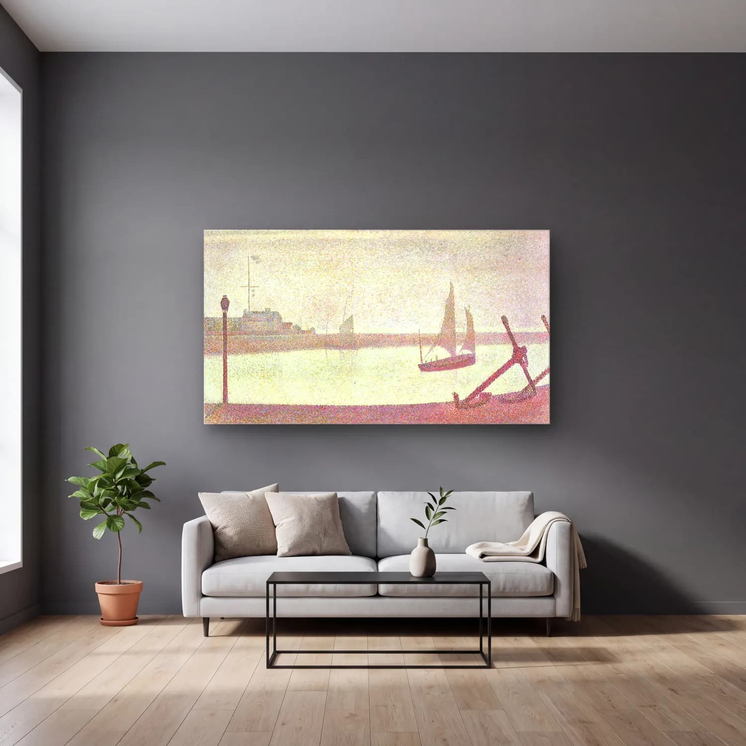 George Seurat – The Channel at Gravelines, Evening cam tablo — gri duvarlı salonda