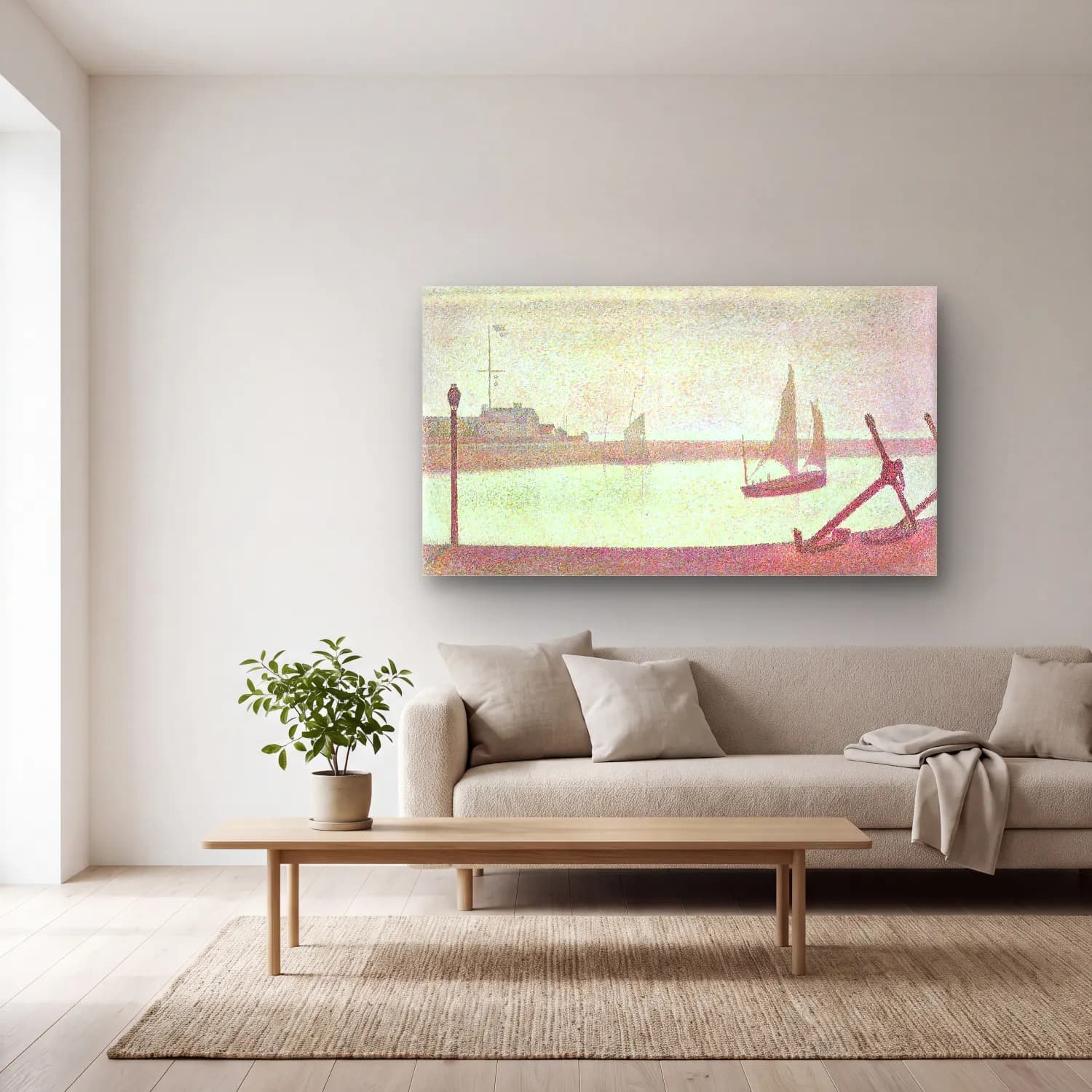 George Seurat – The Channel at Gravelines, Evening cam tablo — açık renk salonda