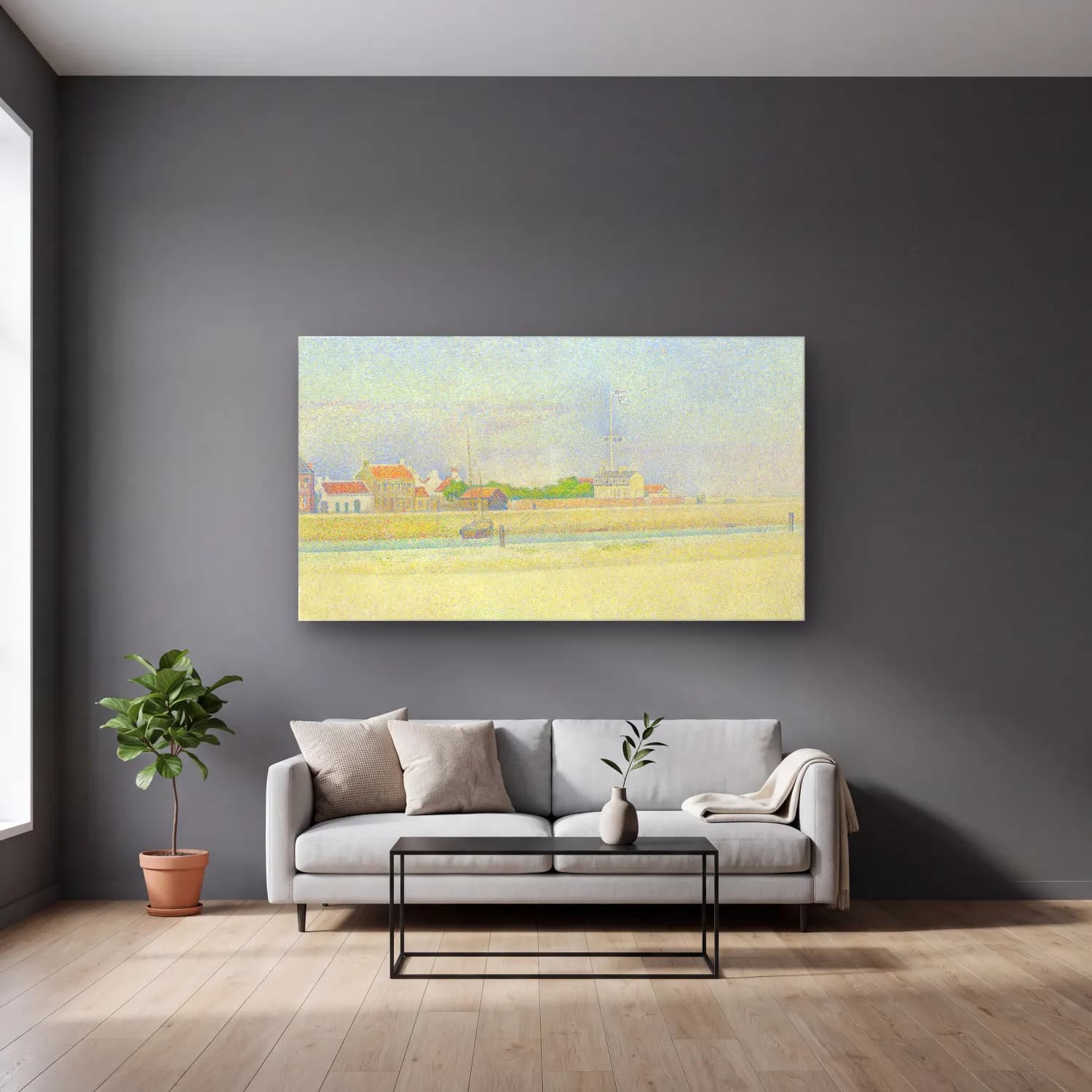 George Seurat – The Channel at Gravelines, Grand Fort-Philippe cam tablo — gri duvarlı salonda