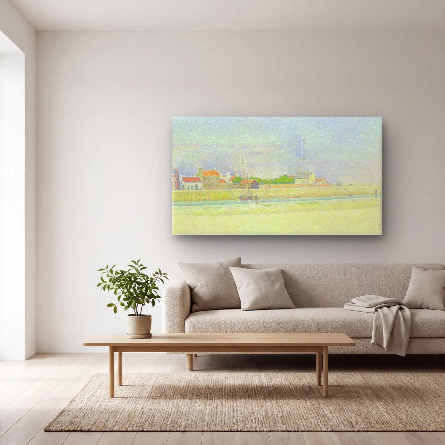 George Seurat – The Channel at Gravelines, Grand Fort-Philippe cam tablo — açık renk salonda