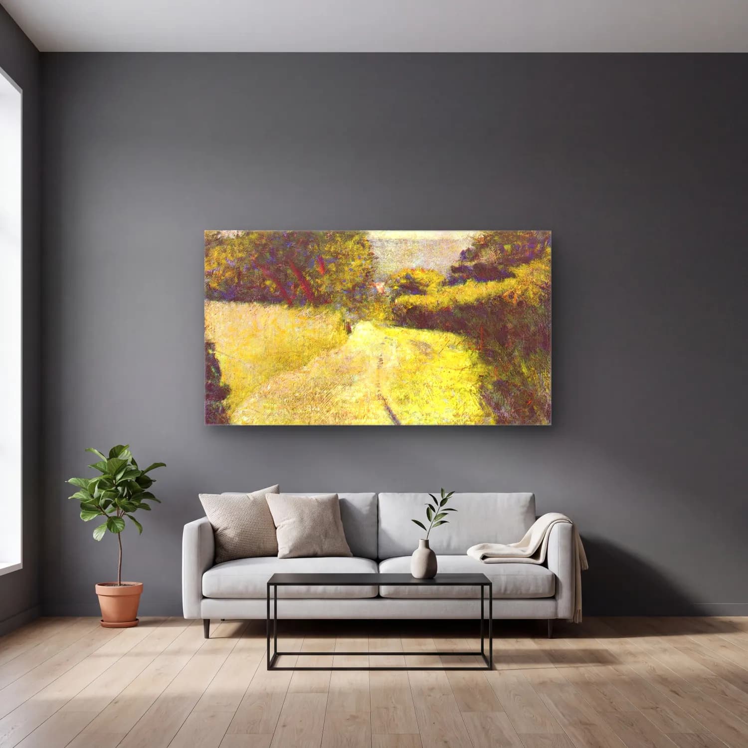 George Seurat – The Hollow Way cam tablo — gri duvarlı salonda