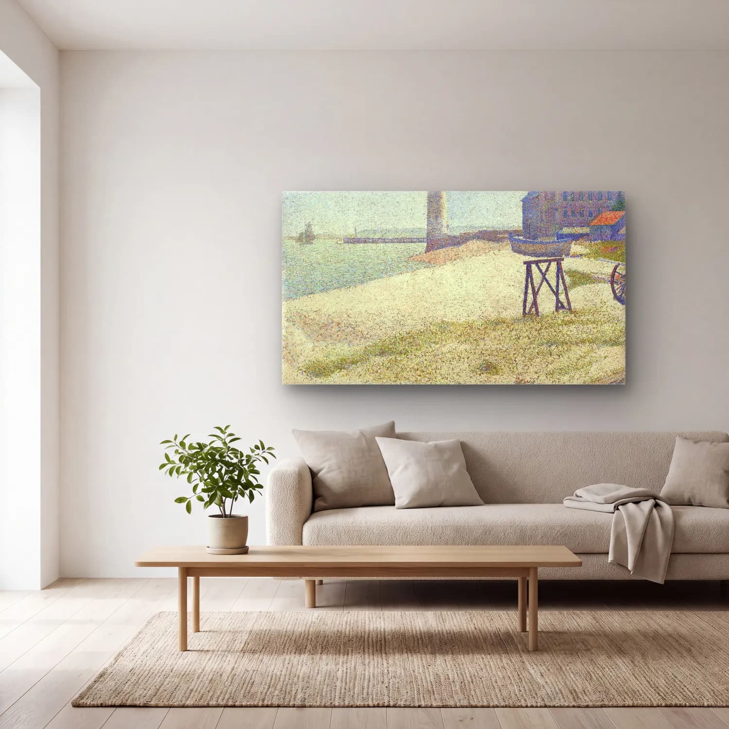 George Seurat – The Lighthouse At Honfleur cam tablo — açık renk salonda