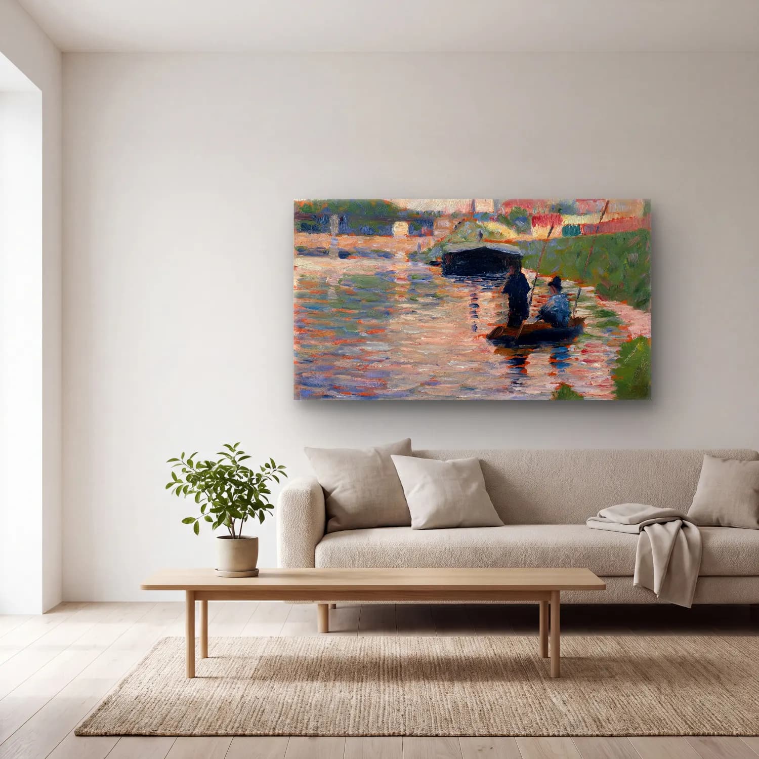 George Seurat – View of the Seine cam tablo — açık renk salonda