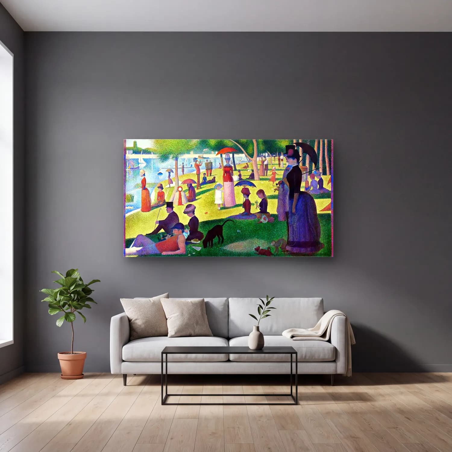 Georges Seurat – A Sunday Afternoon on the Ile de la Grande Jatte cam tablo — gri duvarlı salonda