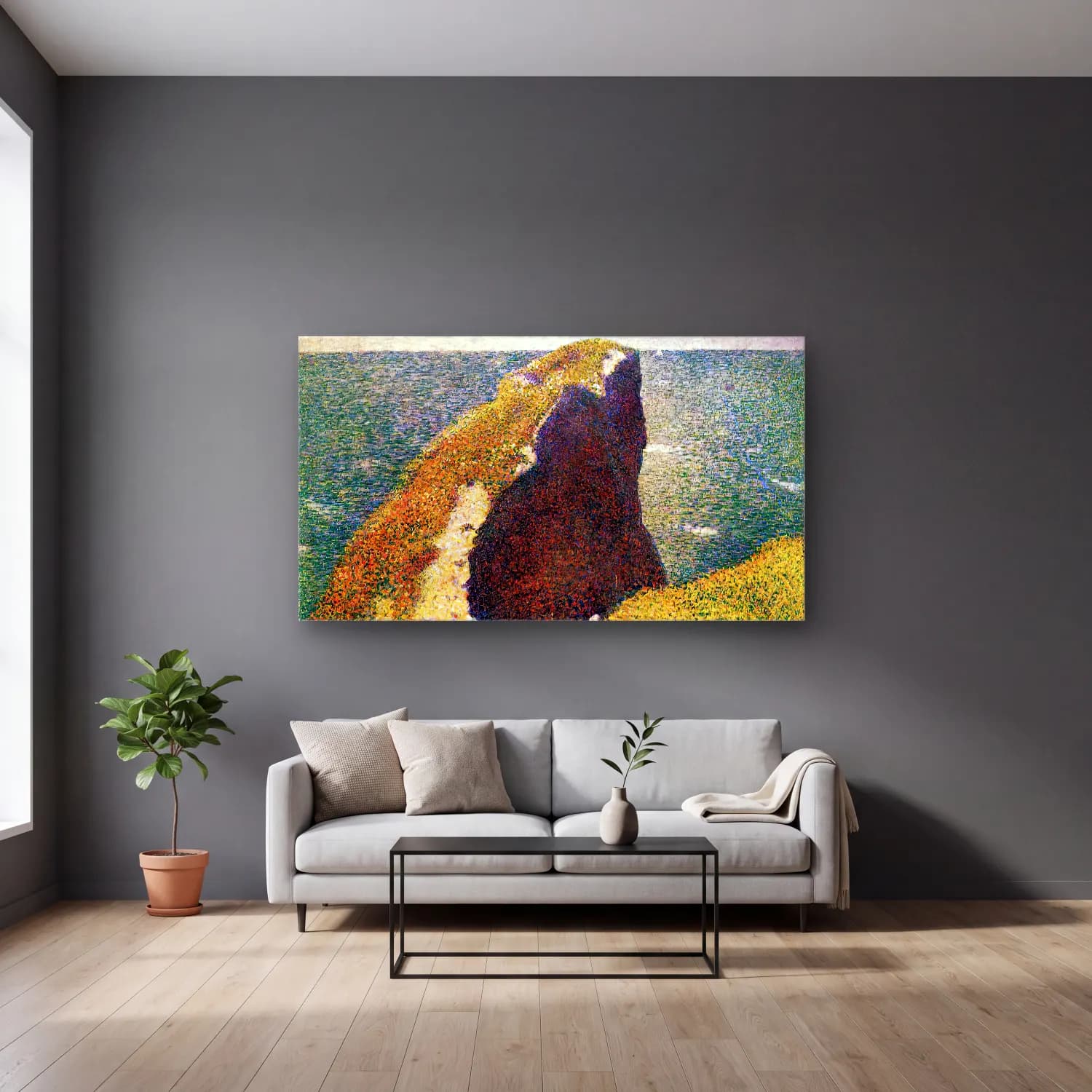 Georges Seurat – Bec du Hoc, Grandcamp cam tablo — gri duvarlı salonda