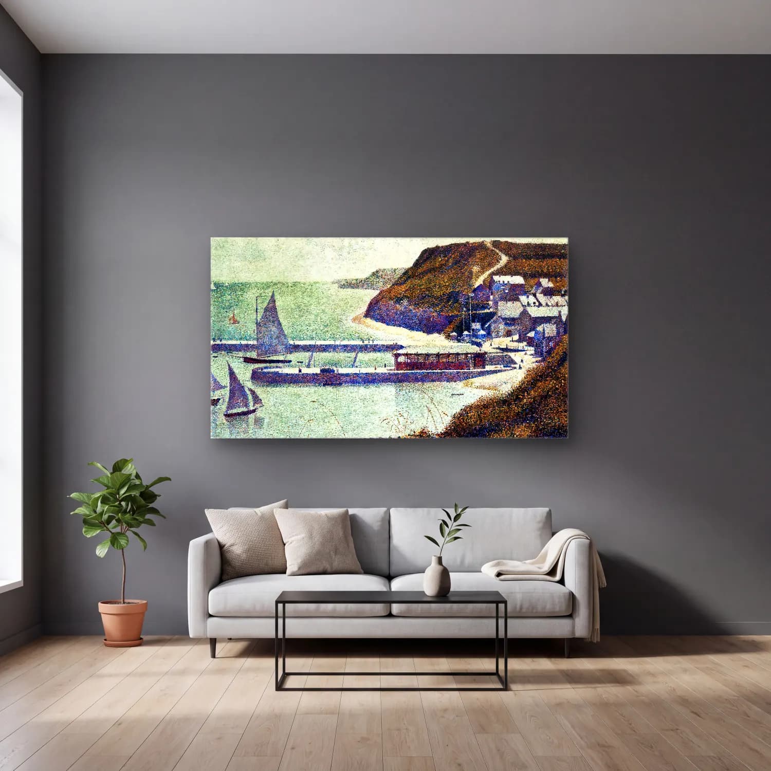 Georges Seurat – Port-en-Bessin, The Outer Harbour at High Tide cam tablo — gri duvarlı salonda