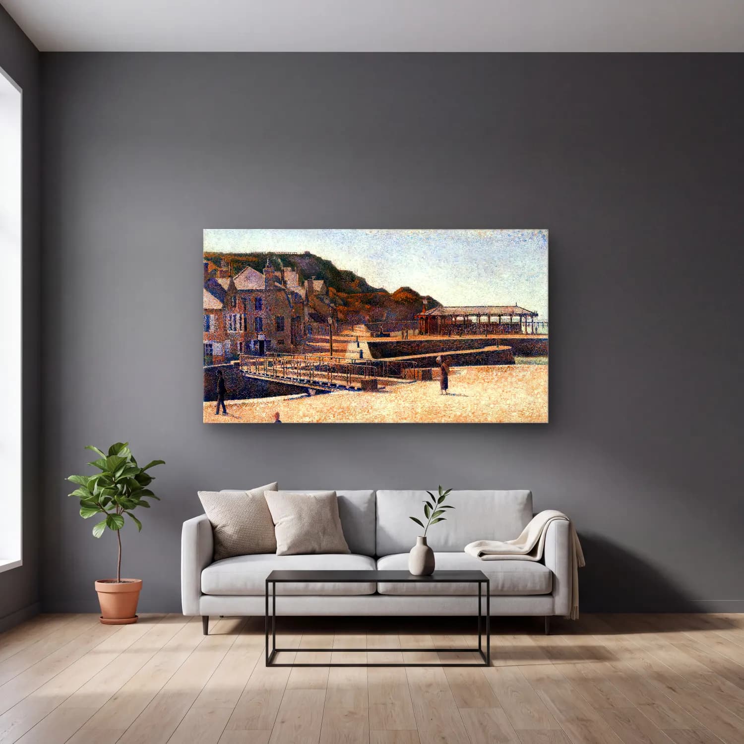 Georges Seurat – Port-en-Bessin cam tablo — gri duvarlı salonda
