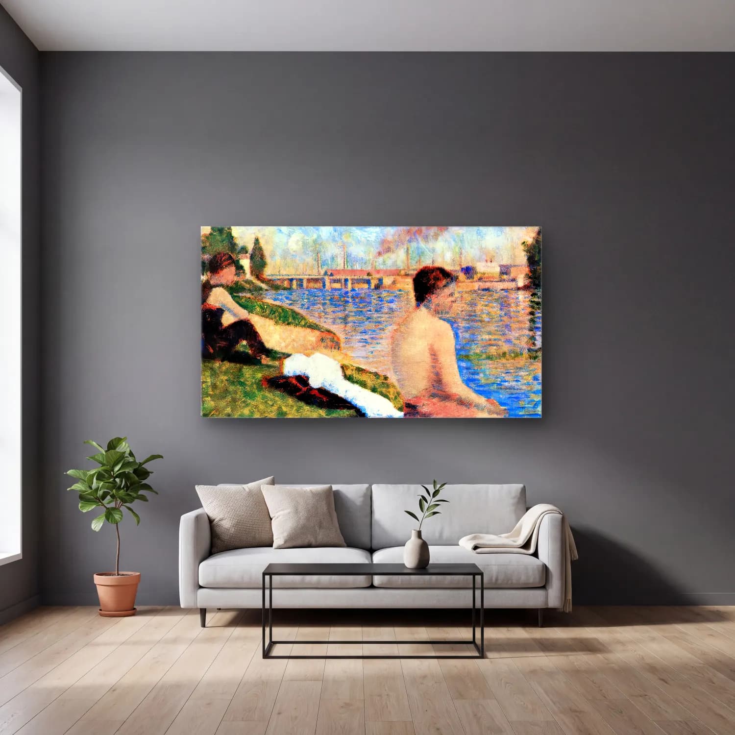 Georges Seurat – Study for Bathers at Asnières cam tablo — gri duvarlı salonda