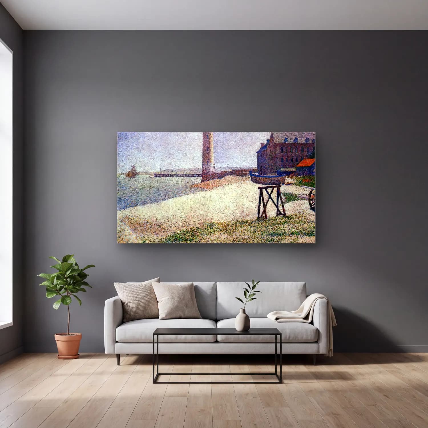 Georges Seurat – The Lighthouse at Honfleur cam tablo — gri duvarlı salonda