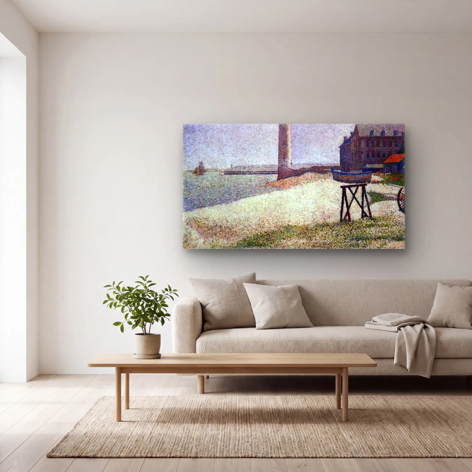 Georges Seurat – The Lighthouse at Honfleur cam tablo — açık renk salonda