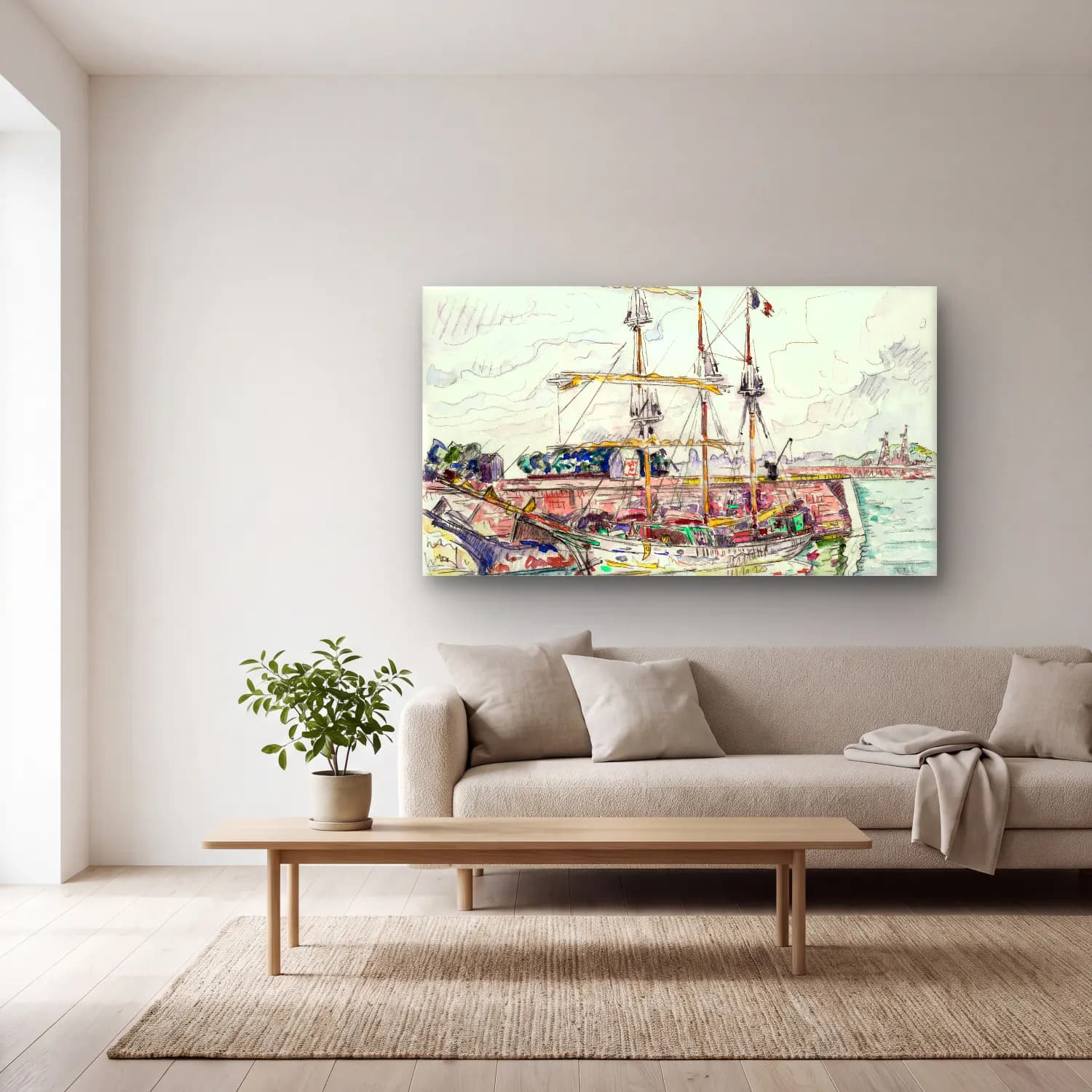 Paul Signac – Docks at Saint Malo cam tablo — açık renk salonda