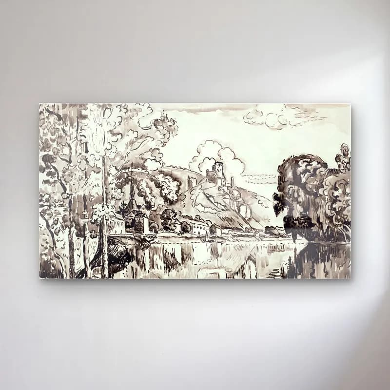 Paul Signac – Les Andelys on a Summer Morning cam tablo — Paul Signac – Les Andelys on a Summer Morning — siyah beyaz kırda nehir