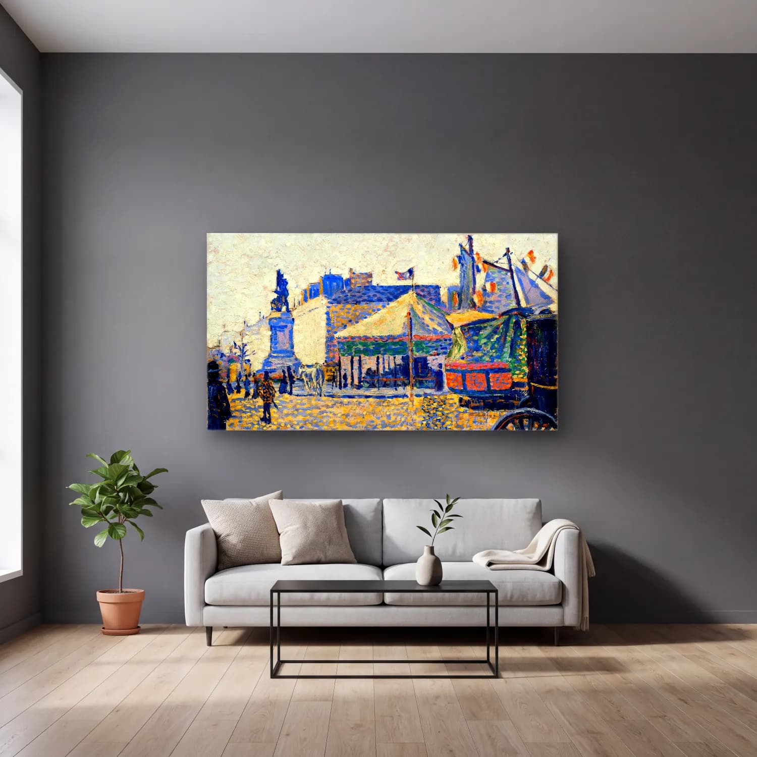 Paul Signac – Place De Clichy cam tablo — gri duvarlı salonda