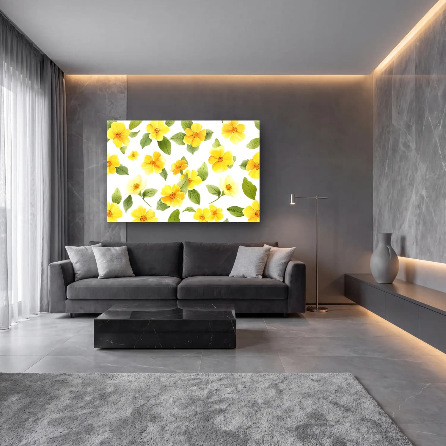 Botanik İllüstrasyon Çiçek Deseni – Sarı Tonlar cam tablo — lüks salon duvarında