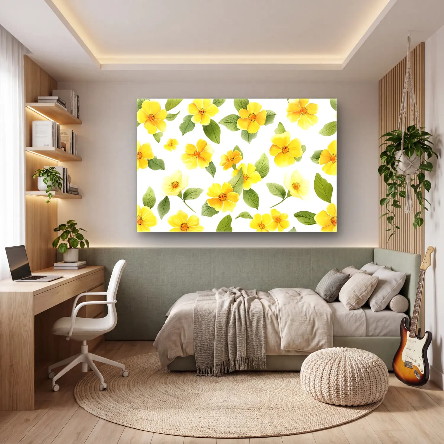 Botanik İllüstrasyon Çiçek Deseni – Sarı Tonlar cam tablo — genç odasında