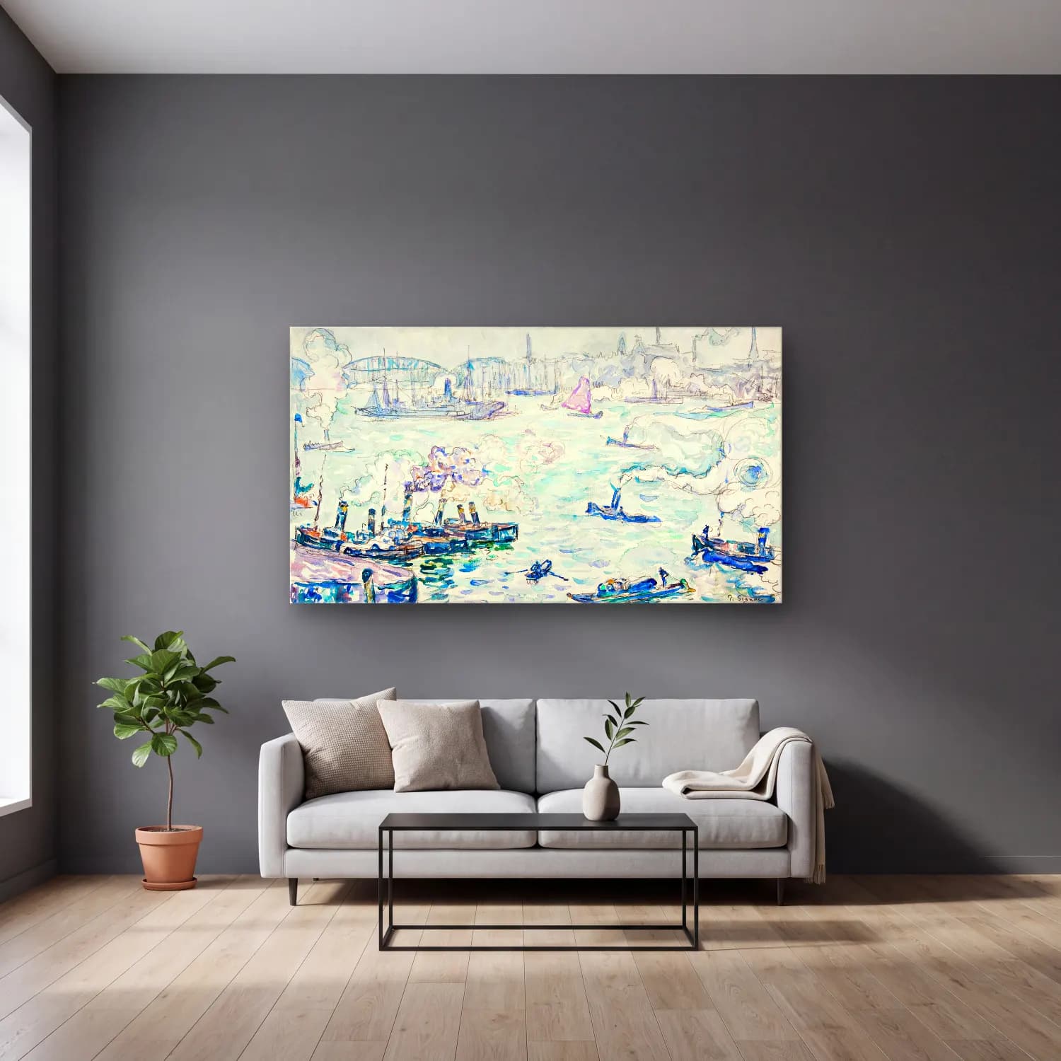 Paul Signac – Rotterdam cam tablo — gri duvarlı salonda