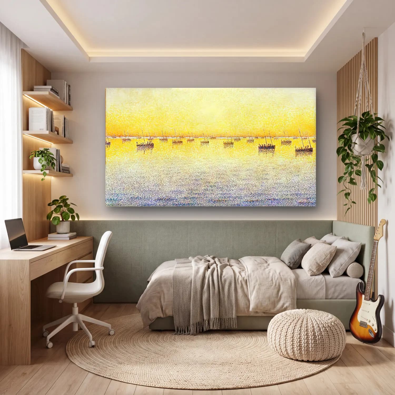 Paul Signac – Setting Sun, Sardine Fishing, Concarneau, op. 221 (Adagio) cam tablo — genç odasında
