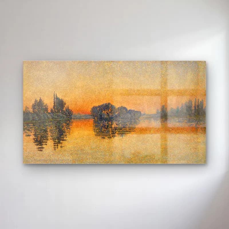 Paul Signac – Sunset cam tablo — Paul Signac – Sunset — empresyonist gün batımında göl