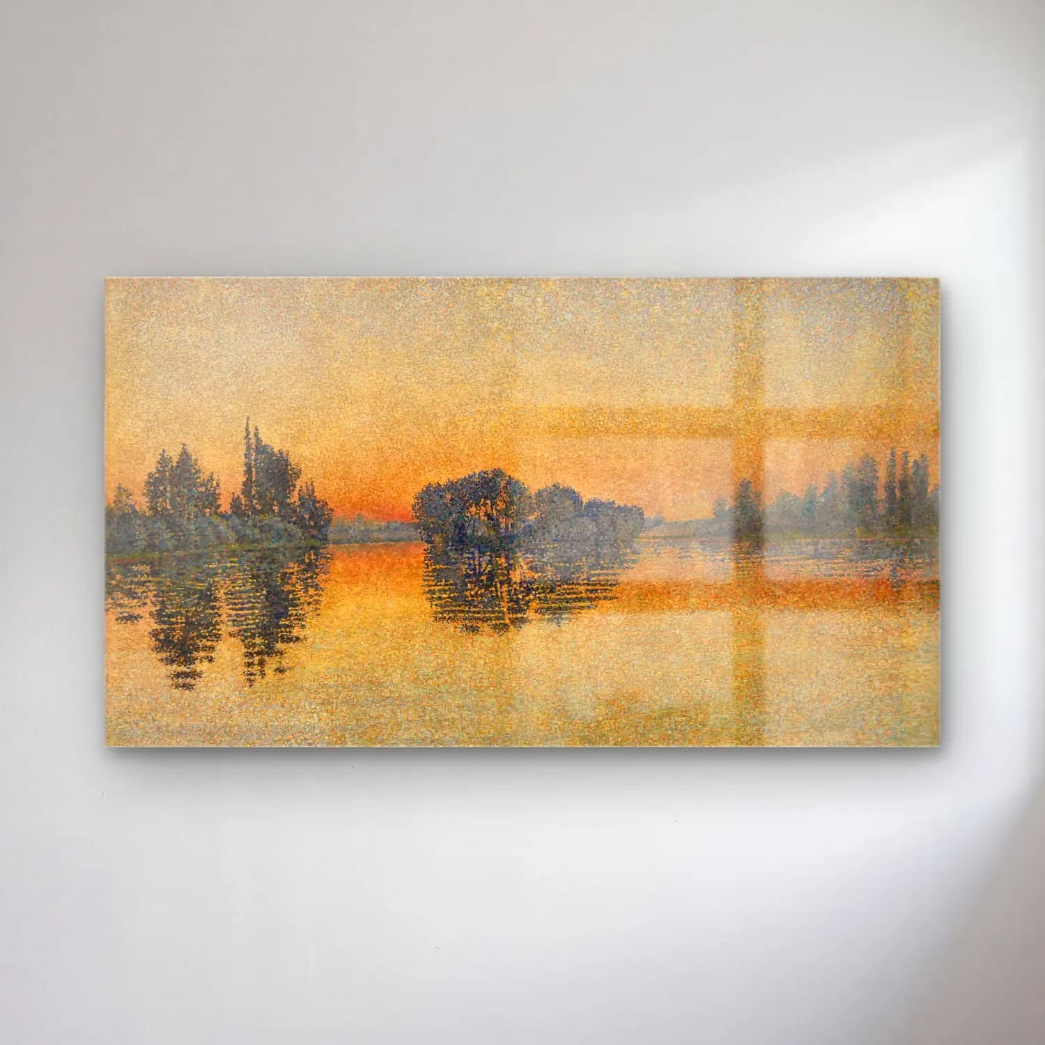 Paul Signac – Sunset cam tablo — Paul Signac – Sunset — empresyonist gün batımında göl