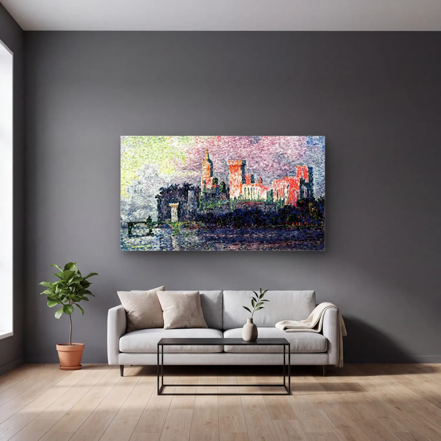 Paul Signac – The Papal Palace in Avignon cam tablo — gri duvarlı salonda