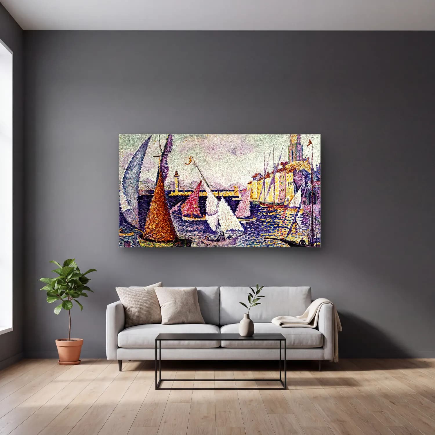 Paul Signac – The Port of Saint-Tropez cam tablo — gri duvarlı salonda
