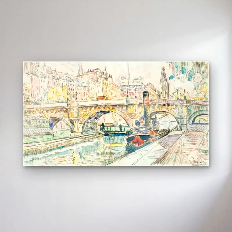 Paul Signac – Tugboat At The Pont Neuf cam tablo — Paul Signac – Tugboat At The Pont Neuf — suluboya liman ve tekneler