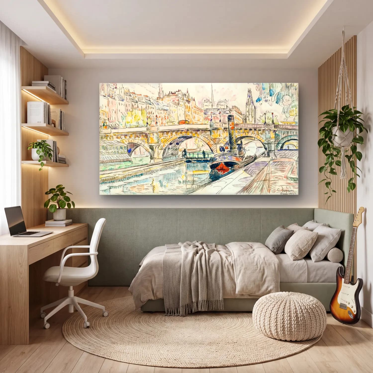 Paul Signac – Tugboat At The Pont Neuf cam tablo — genç odasında