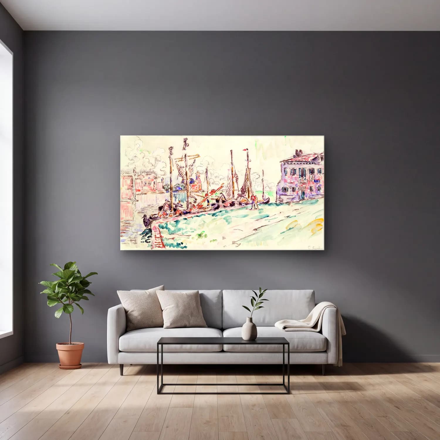 Paul Signac – Venice Harbor cam tablo — gri duvarlı salonda
