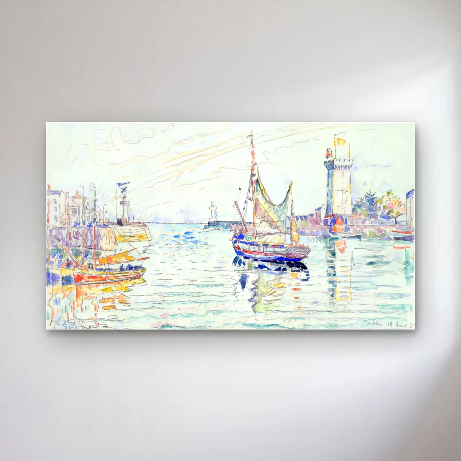 Paul Signac – View of Les Sables cam tablo — Paul Signac – View of Les Sables — suluboya liman ve tekneler