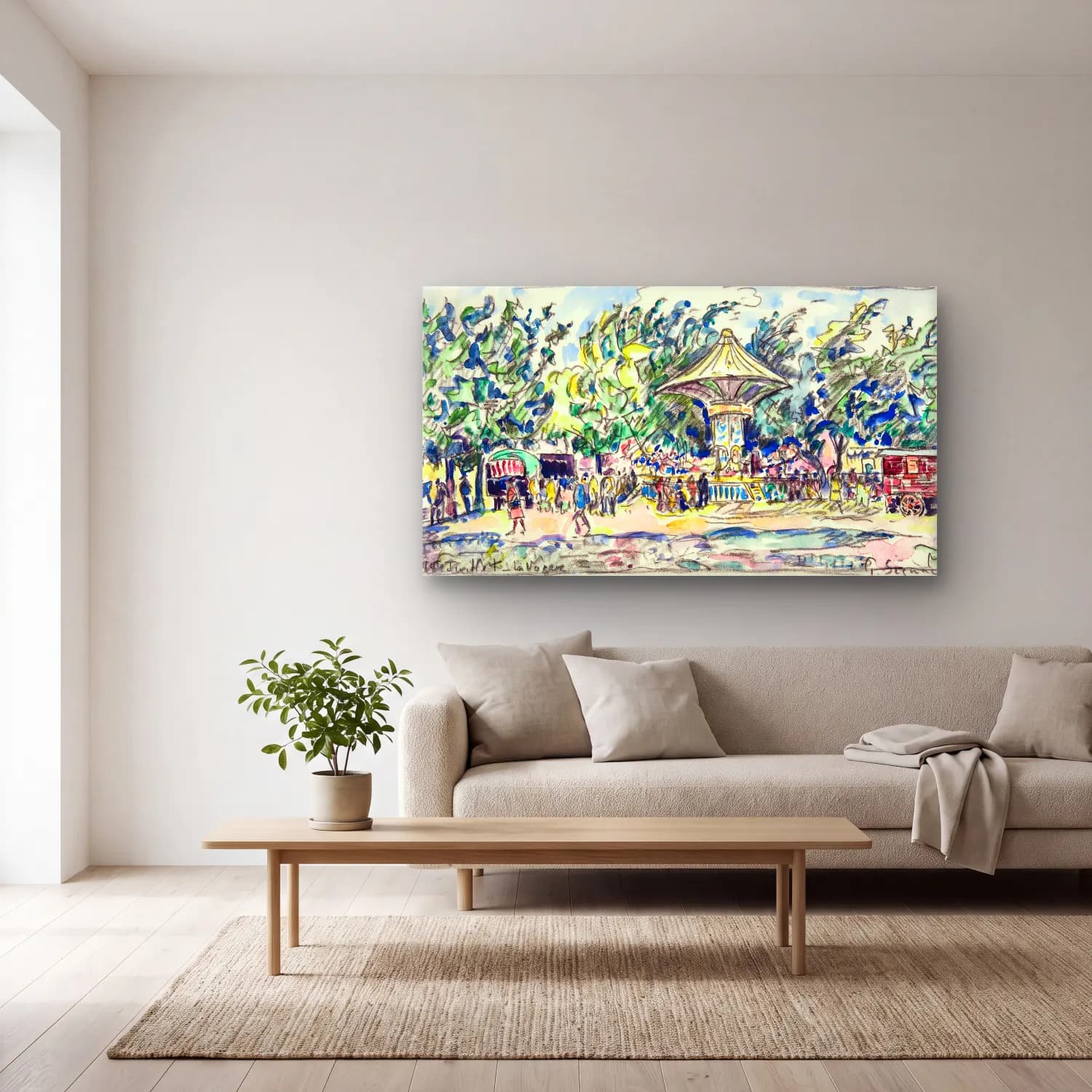 Paul Signac – Village Festival cam tablo — açık renk salonda